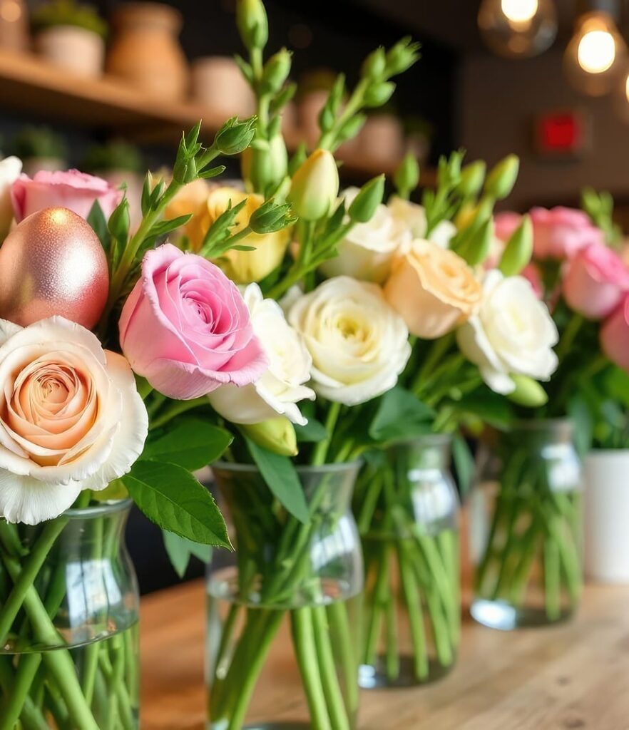 An image of flowers inside vases.