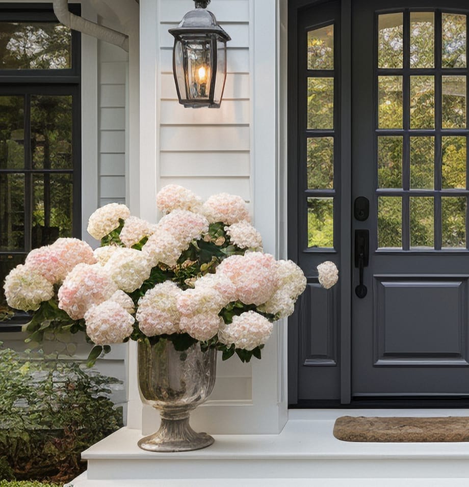 An image of a vase of flowers by a door
