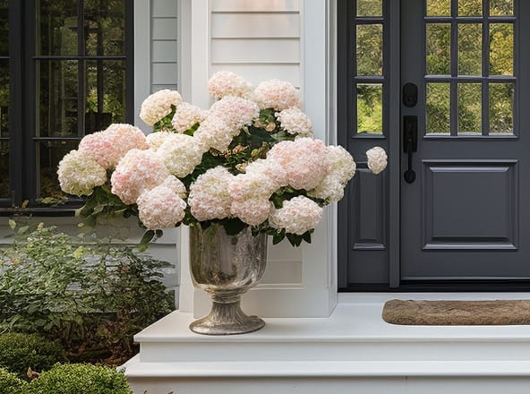 An image of a vase of flowers by a door